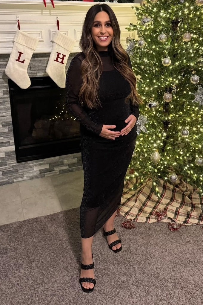 PinkBlush Black Shimmer Mesh Long Sleeve Ruched Maternity Midi Dress