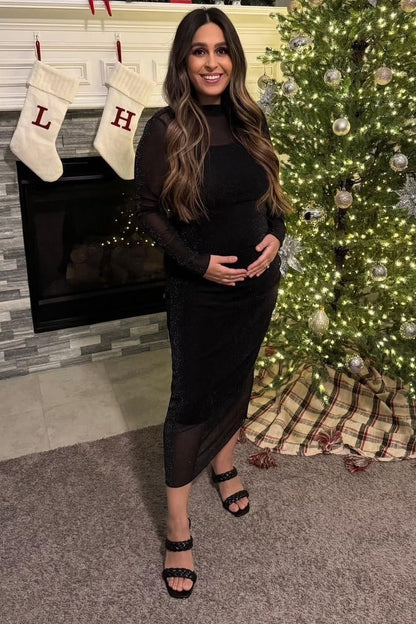 PinkBlush Black Shimmer Mesh Long Sleeve Ruched Maternity Midi Dress