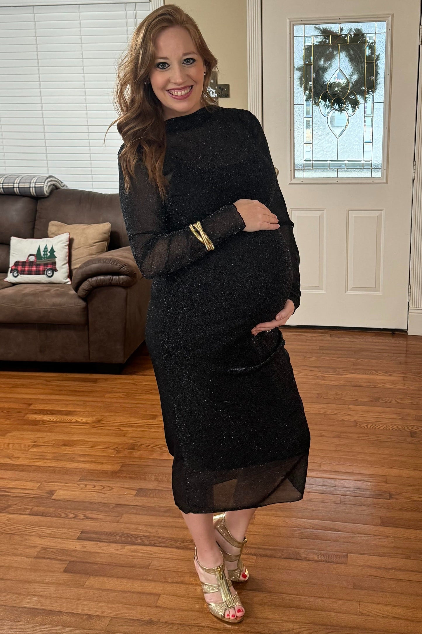 PinkBlush Black Shimmer Mesh Long Sleeve Ruched Maternity Midi Dress
