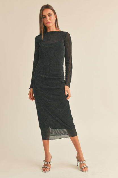 PinkBlush Black Shimmer Mesh Long Sleeve Ruched Maternity Midi Dress