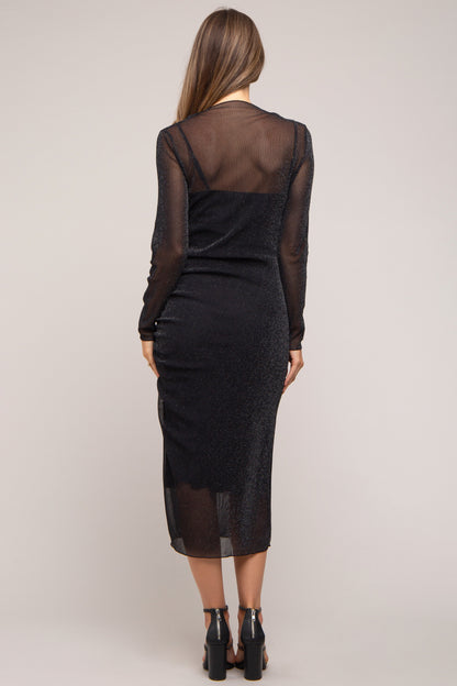 PinkBlush Black Shimmer Mesh Long Sleeve Ruched Maternity Midi Dress