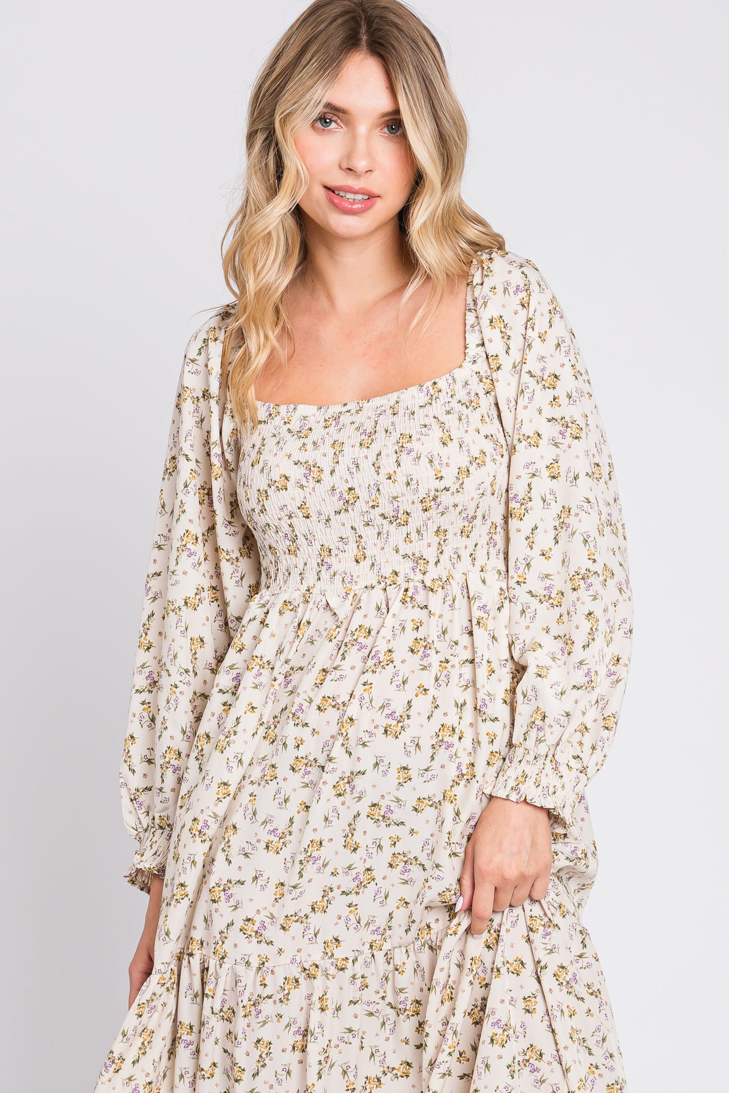 PinkBlush Cream Floral Smocked Long Sleeve Maxi Dress