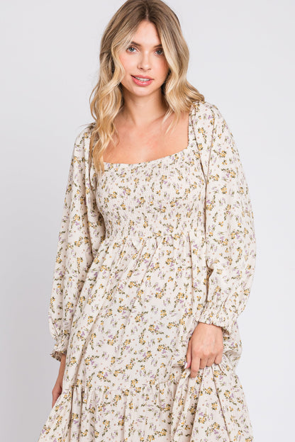 PinkBlush Cream Floral Smocked Long Sleeve Maxi Dress