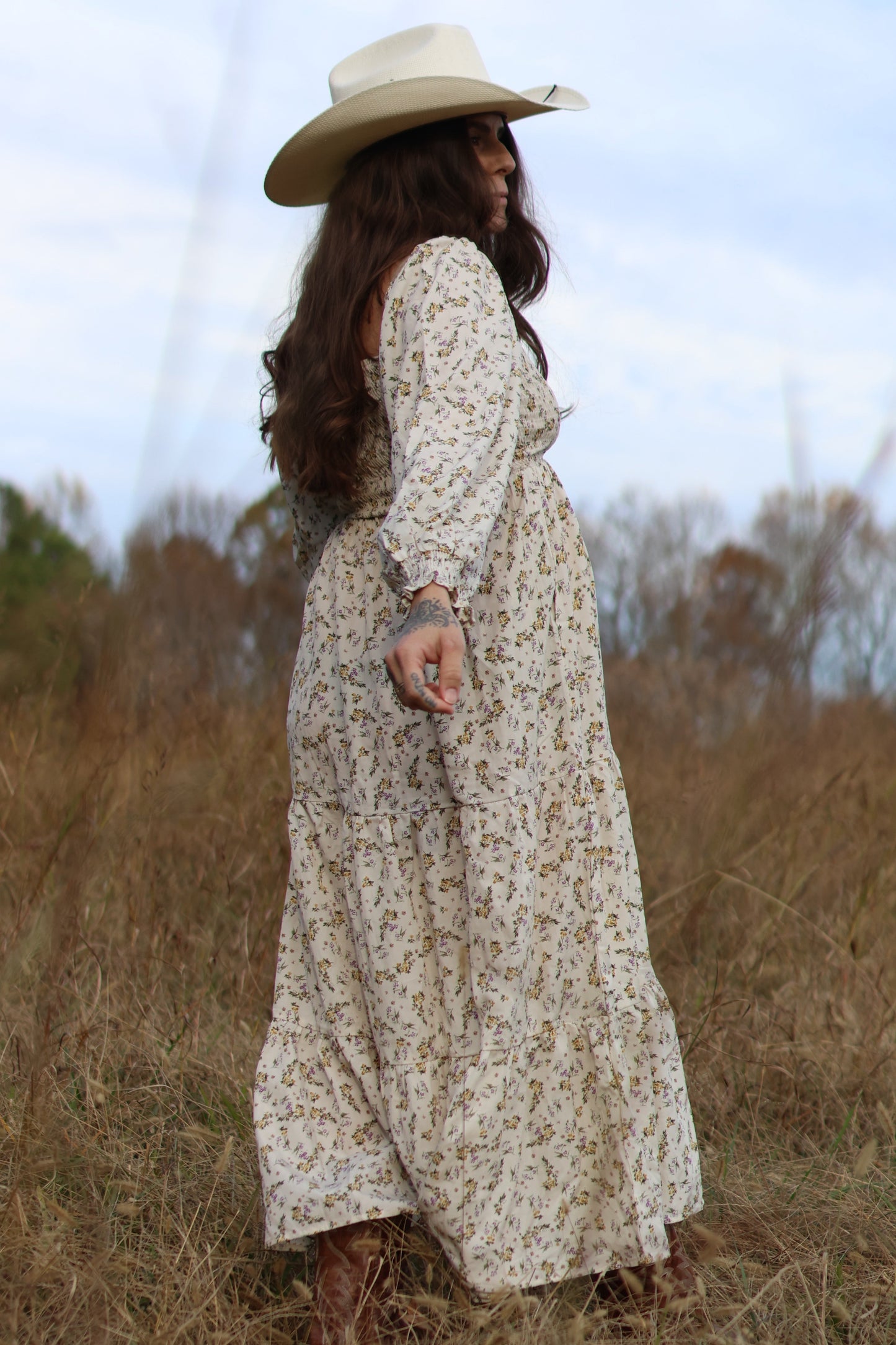 PinkBlush Cream Floral Smocked Long Sleeve Maternity Maxi Dress