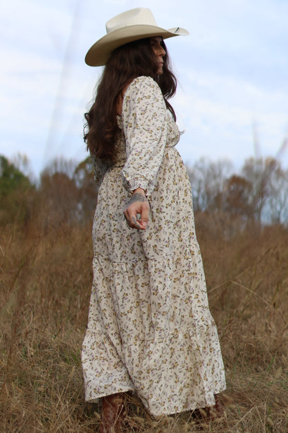 PinkBlush Cream Floral Smocked Long Sleeve Maternity Maxi Dress