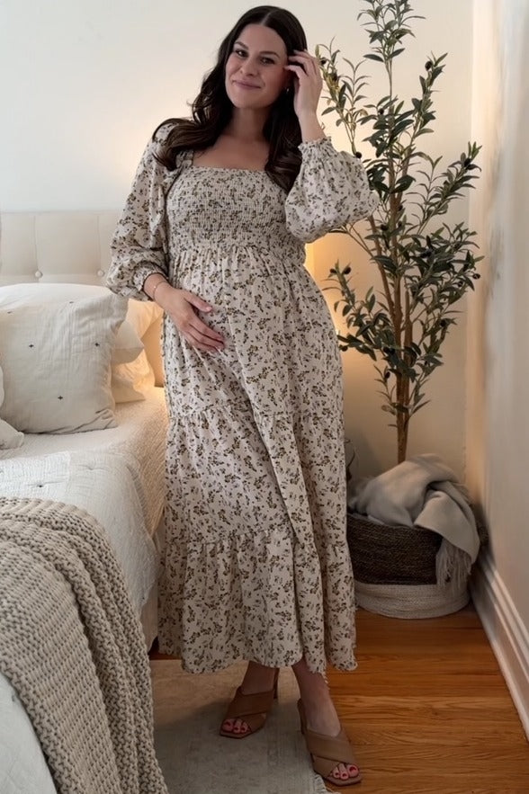 PinkBlush Cream Floral Smocked Long Sleeve Maternity Maxi Dress