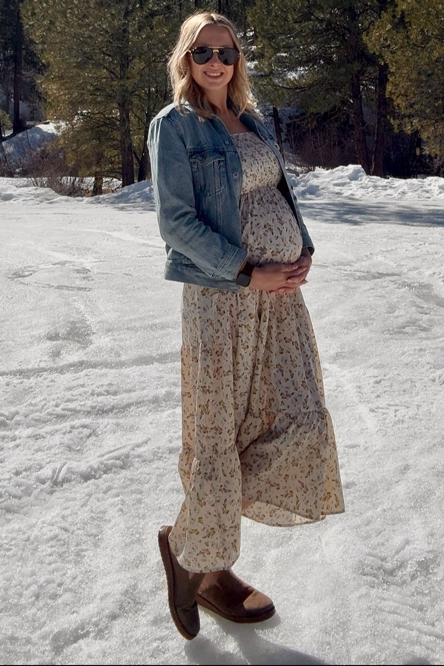 PinkBlush Cream Floral Smocked Long Sleeve Maternity Maxi Dress