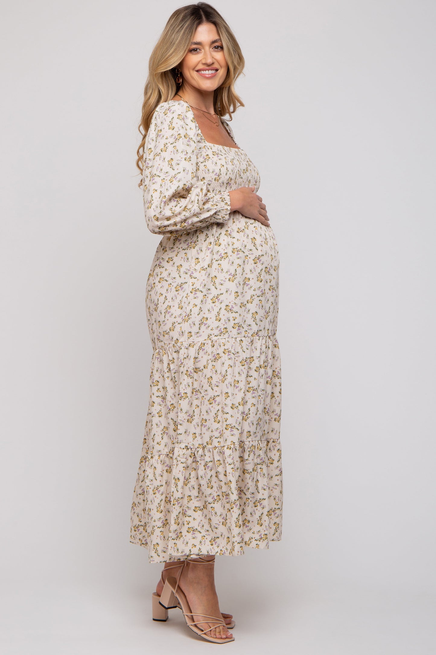 PinkBlush Cream Floral Smocked Long Sleeve Maternity Maxi Dress