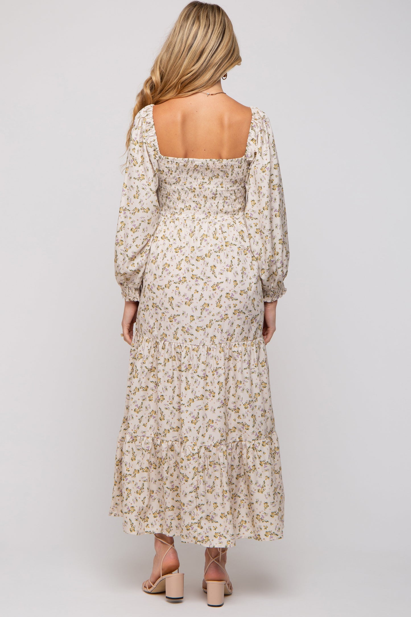 PinkBlush Cream Floral Smocked Long Sleeve Maternity Maxi Dress