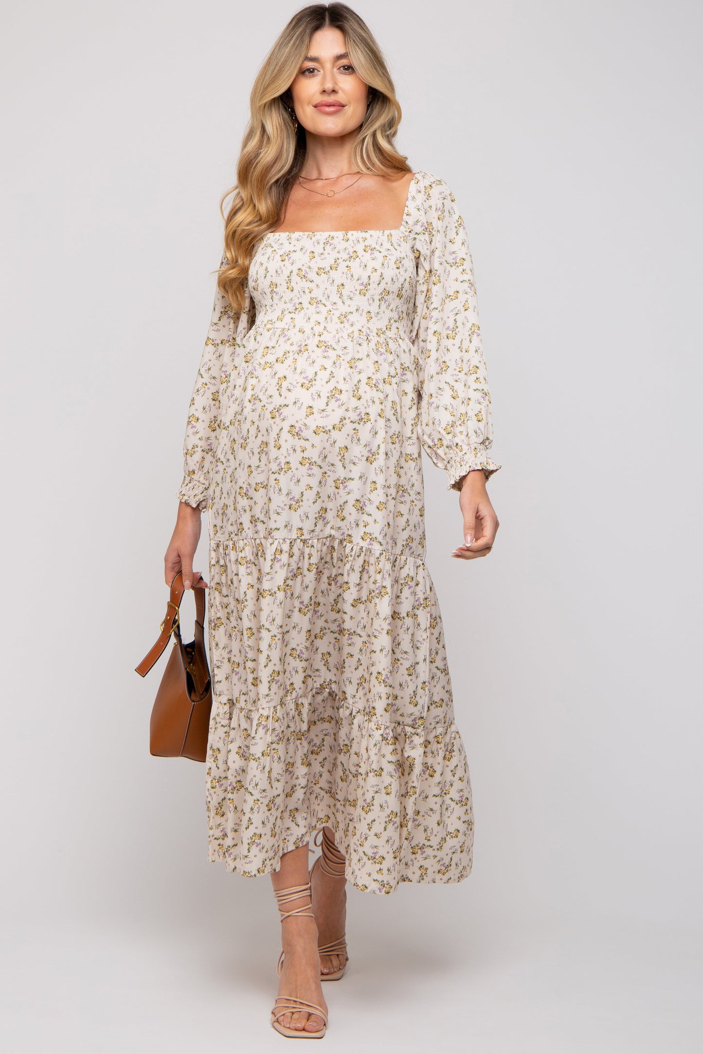 PinkBlush Cream Floral Smocked Long Sleeve Maternity Maxi Dress