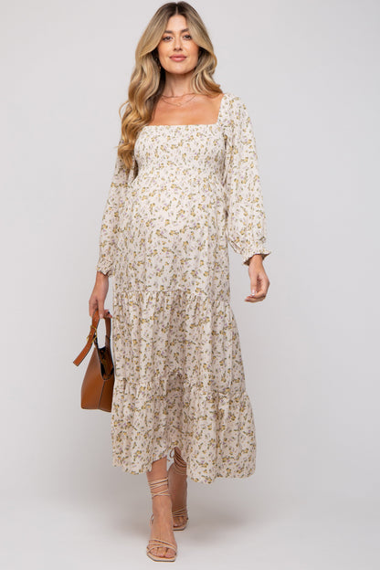 PinkBlush Cream Floral Smocked Long Sleeve Maternity Maxi Dress