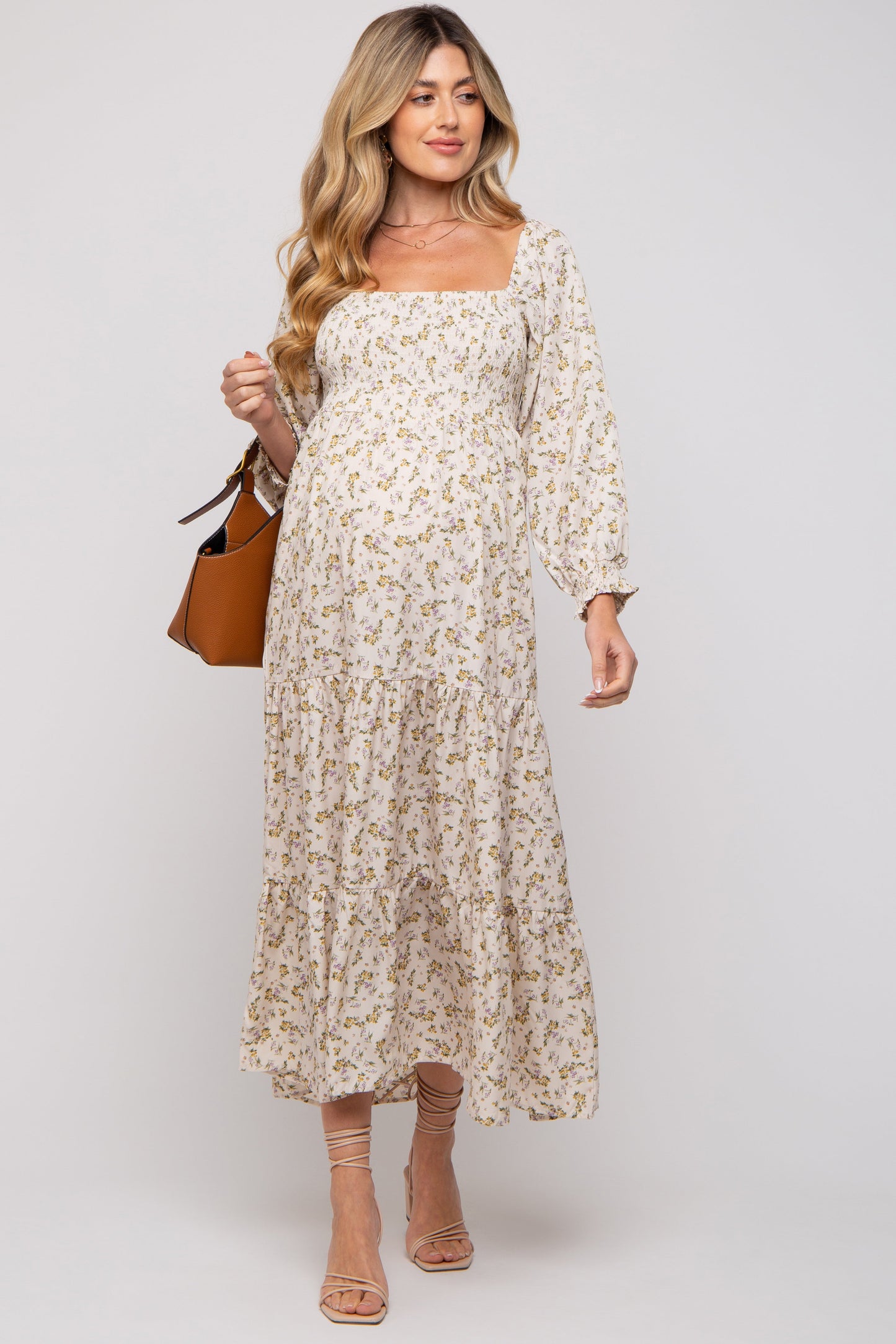 PinkBlush Cream Floral Smocked Long Sleeve Maternity Maxi Dress