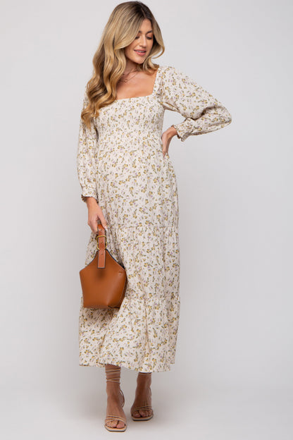 PinkBlush Cream Floral Smocked Long Sleeve Maternity Maxi Dress
