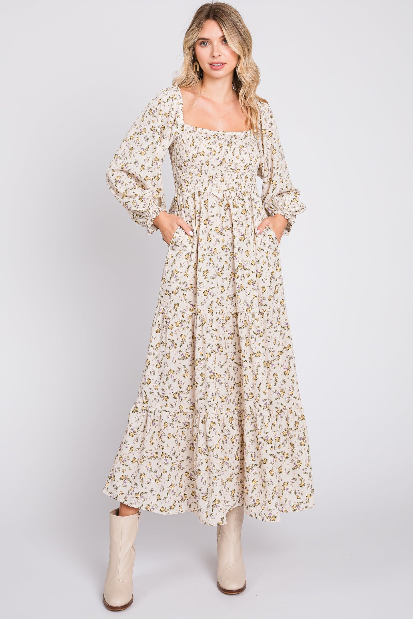 PinkBlush Cream Floral Smocked Long Sleeve Maxi Dress