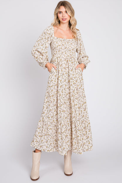 PinkBlush Cream Floral Smocked Long Sleeve Maternity Maxi Dress
