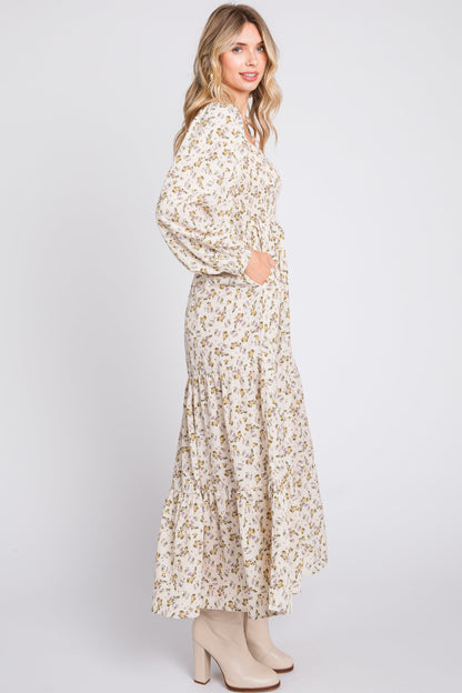 PinkBlush Cream Floral Smocked Long Sleeve Maxi Dress