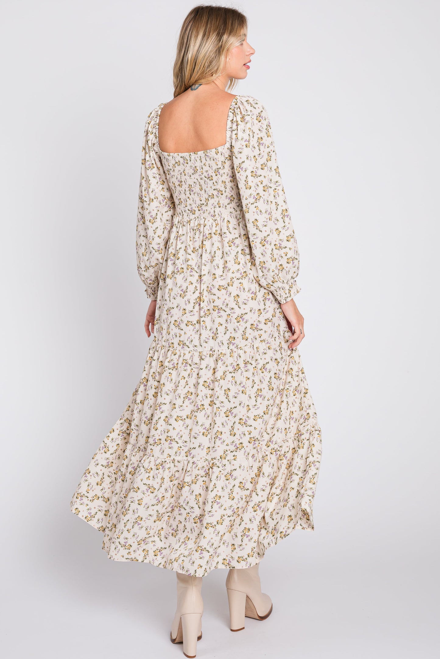 PinkBlush Cream Floral Smocked Long Sleeve Maxi Dress