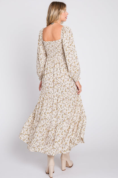 PinkBlush Cream Floral Smocked Long Sleeve Maxi Dress