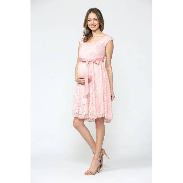 Floral Lace Satin Waist Tie Maternity Dress
