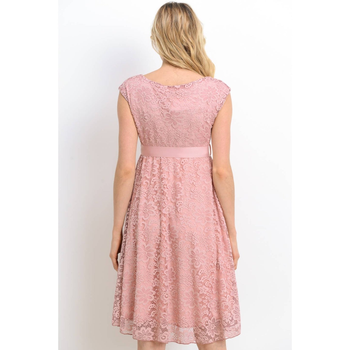 Floral Lace Satin Waist Tie Maternity Dress