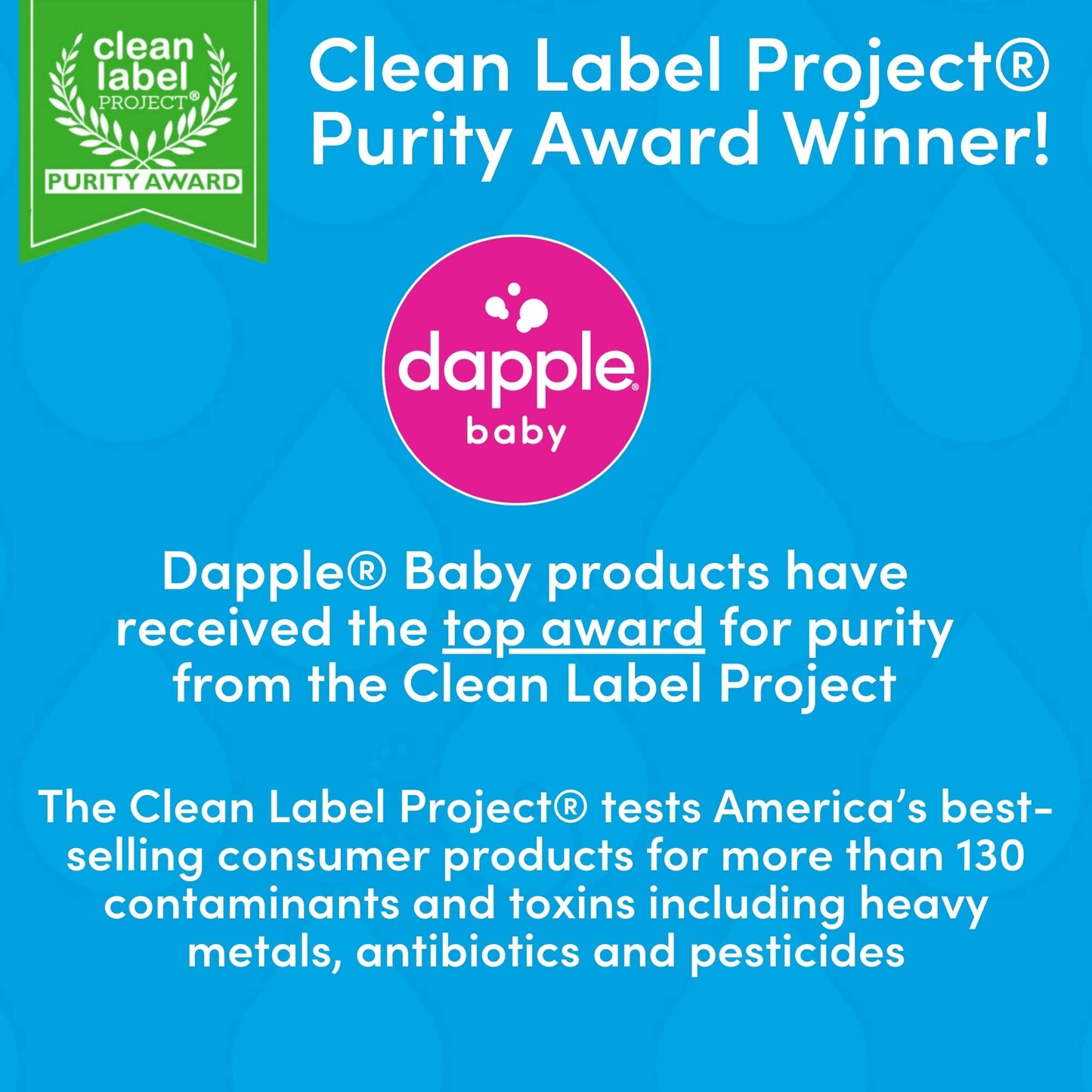 Dapple Baby product with Clean Label Project purity award on a blue background