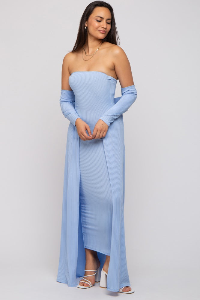 PinkBlush Light Blue Ribbed Sleeveless Dress Cardigan Set