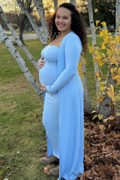 PinkBlush Light Blue Ribbed Sleeveless Dress Cardigan Maternity Set