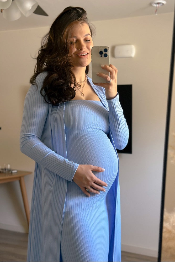 PinkBlush Light Blue Ribbed Sleeveless Dress Cardigan Maternity Set