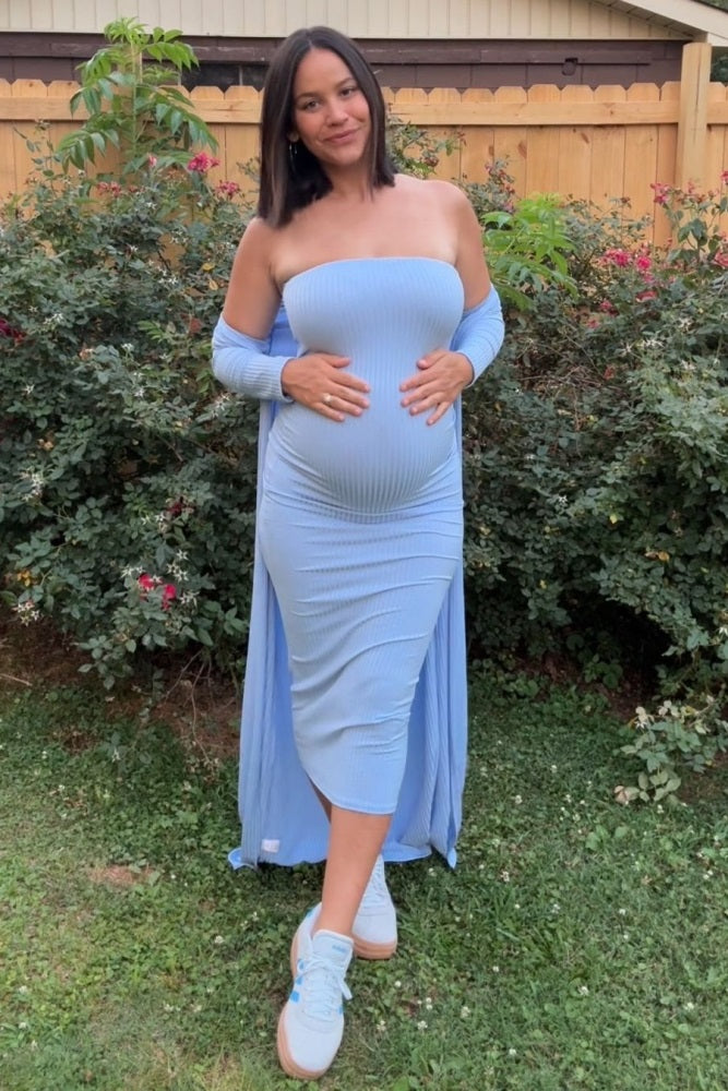 PinkBlush Light Blue Ribbed Sleeveless Dress Cardigan Maternity Set