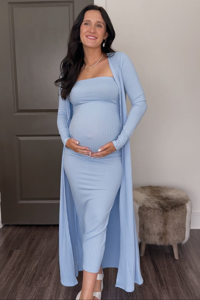 PinkBlush Light Blue Ribbed Sleeveless Dress Cardigan Maternity Set