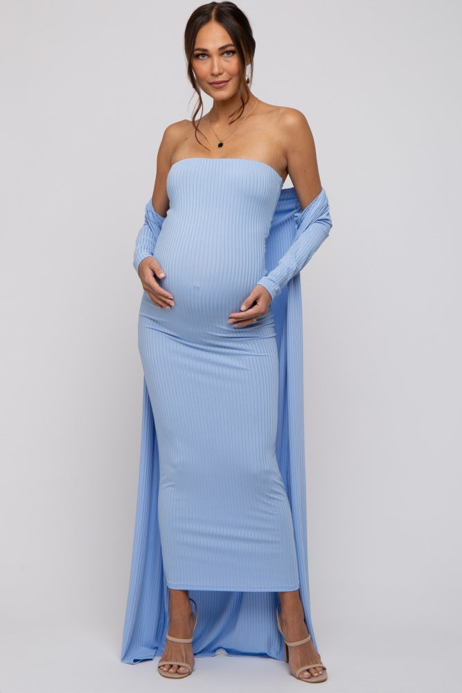 PinkBlush Light Blue Ribbed Sleeveless Dress Cardigan Maternity Set
