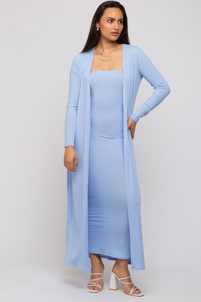 PinkBlush Light Blue Ribbed Sleeveless Dress Cardigan Maternity Set