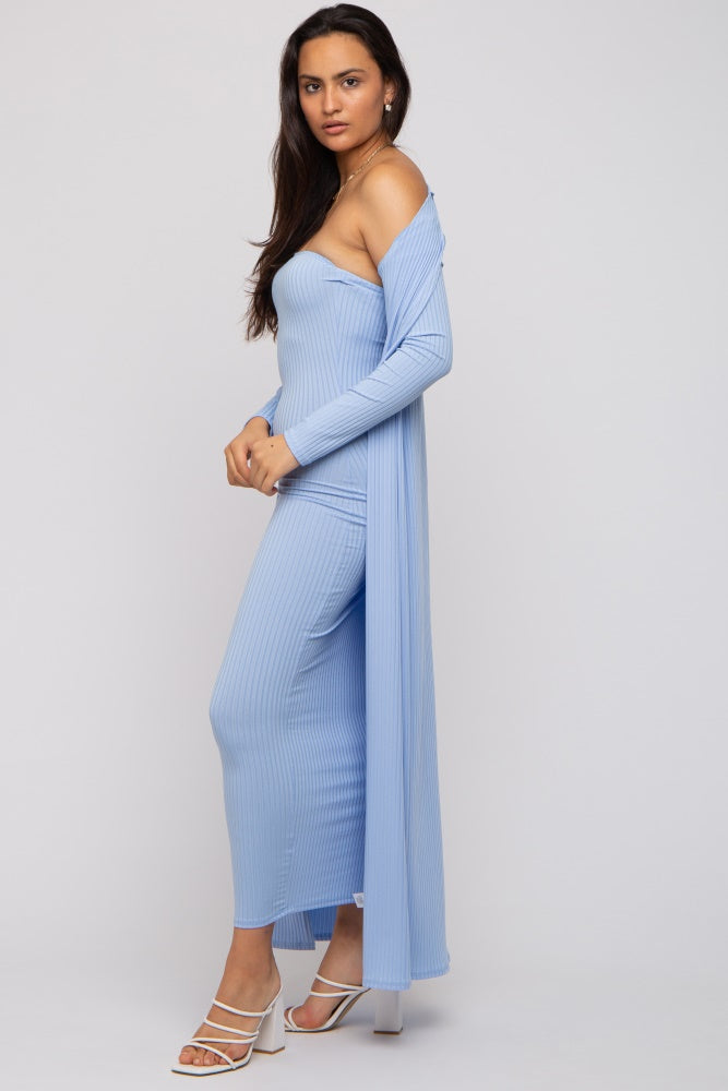 PinkBlush Light Blue Ribbed Sleeveless Dress Cardigan Set