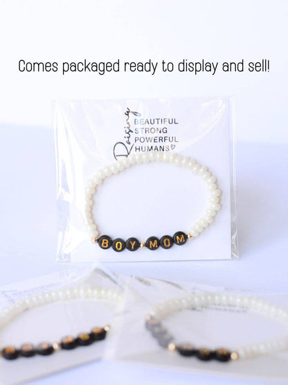 Boy Mom Black and Gold Beaded Pearl Stretch Bracelet
