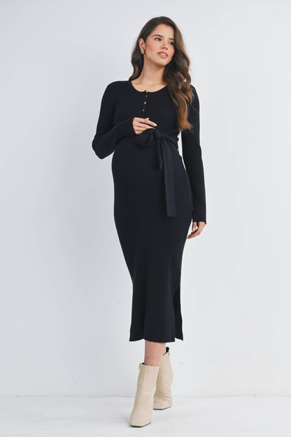 Ribbed Button Front Belted Maternity Midi Dress