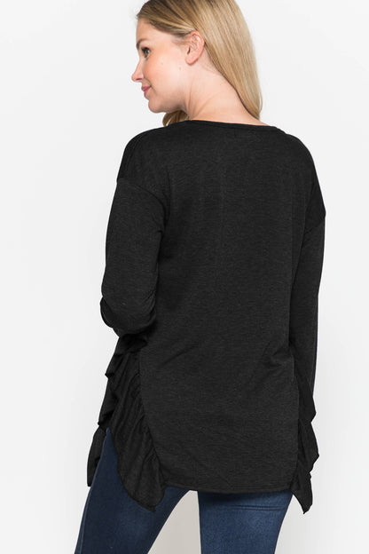 Maternity V-Neck Frill Ruffle French Terry Solid Basic Top