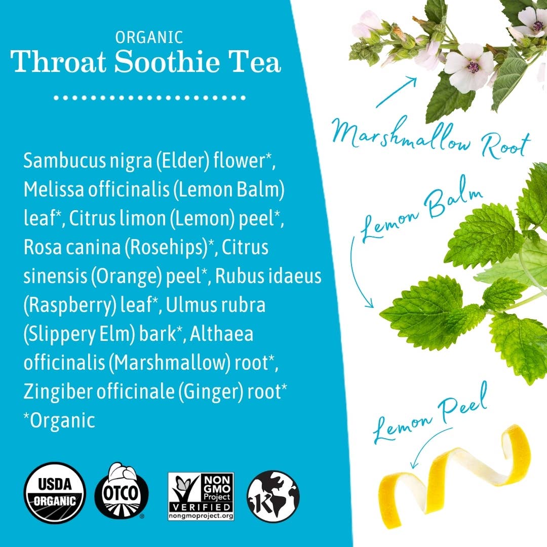 Organic Throat Soothie Tea label with ingredients and branding logos.