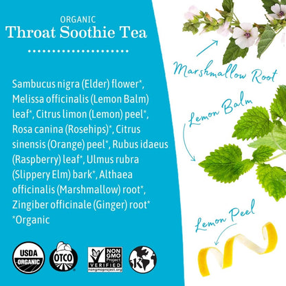 Organic Throat Soothie Tea label with ingredients and branding logos.