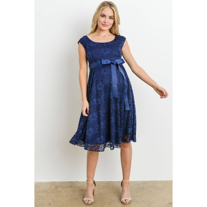 Floral Lace Satin Waist Tie Maternity Dress