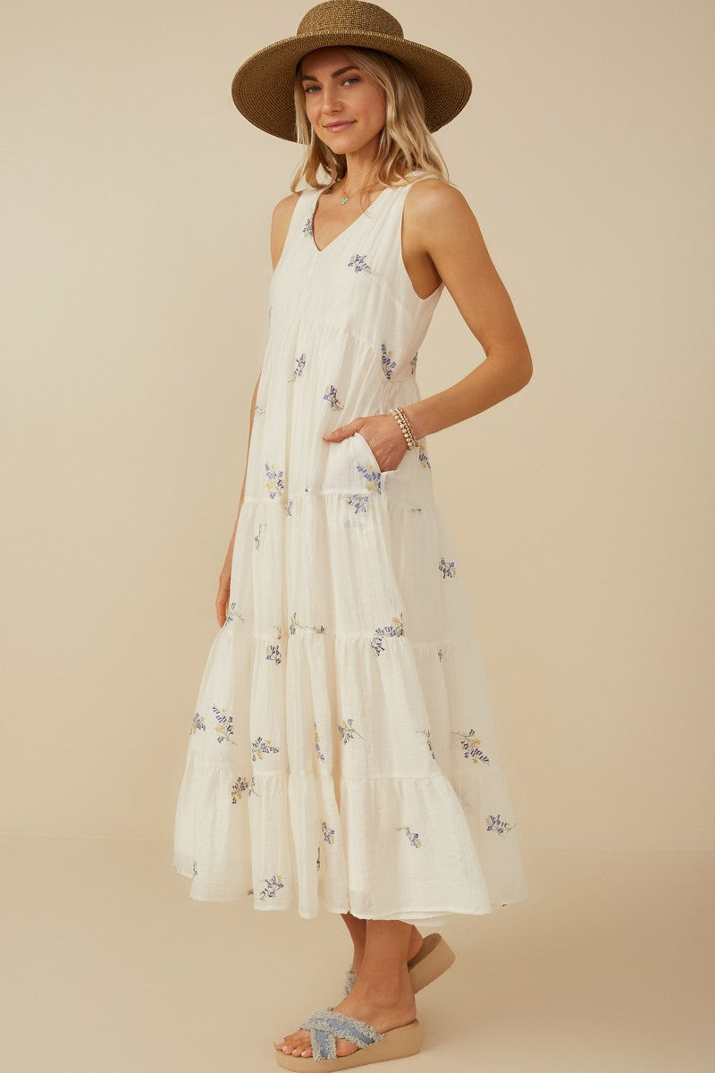 PinkBlush Lavender Ditsy Floral Embroidered V Neck Tiered Dress