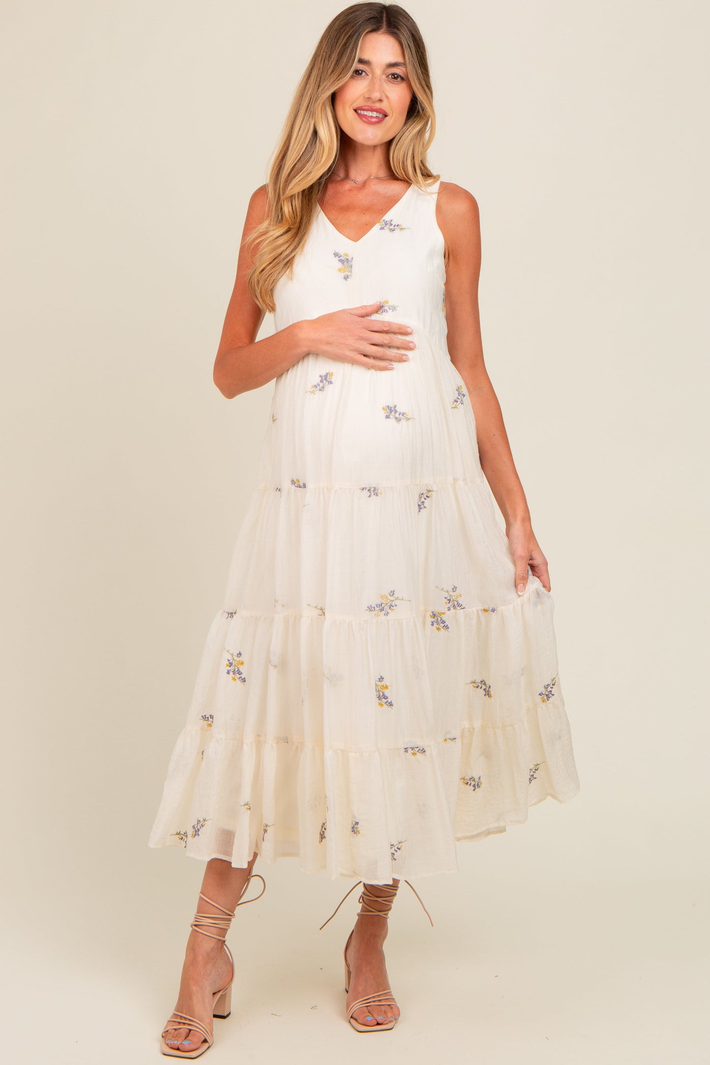 PinkBlush Lavender Ditsy Floral Embroidered V Neck Tiered Maternity Dress