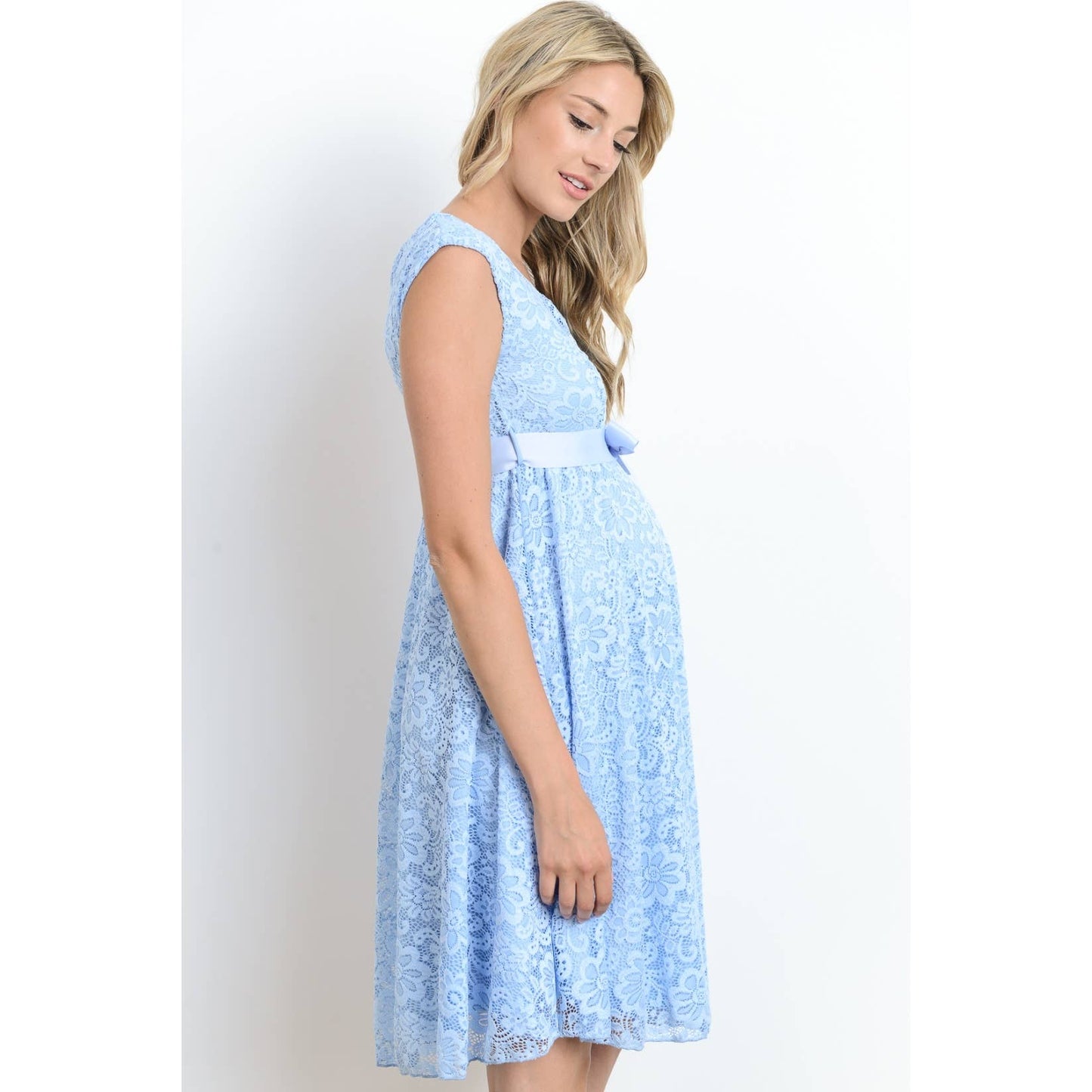 Floral Lace Satin Waist Tie Maternity Dress