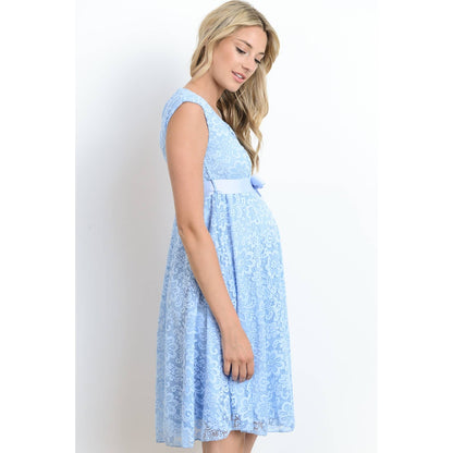 Floral Lace Satin Waist Tie Maternity Dress