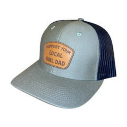 Gray and navy cap with 'Support Your Local Girl Dad' patch on a white background