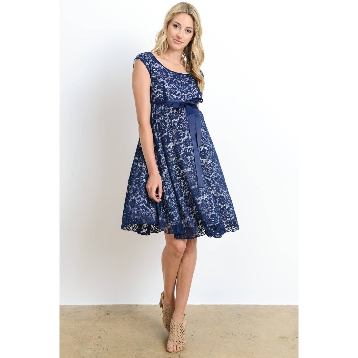 Floral Lace Satin Waist Tie Maternity Dress