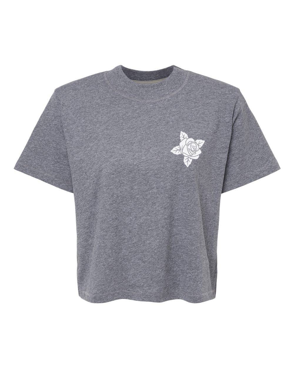 Gray t-shirt with a white rose design on a white background
