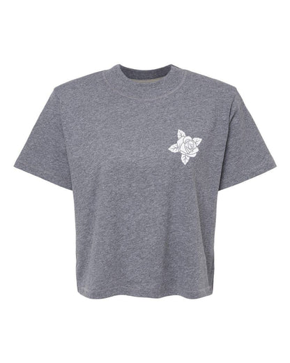 Gray t-shirt with a white rose design on a white background