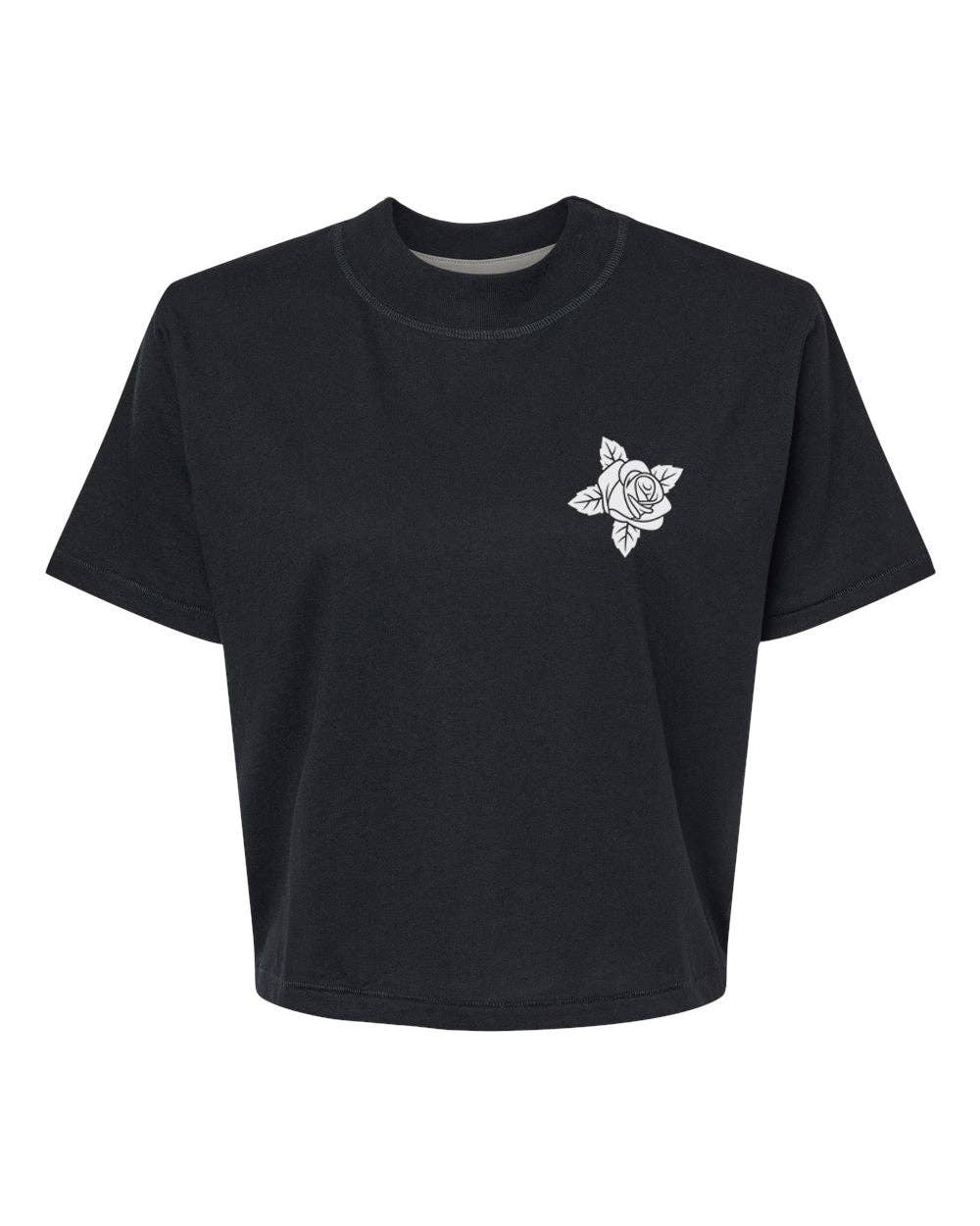 Black t-shirt with a white rose design on a white background