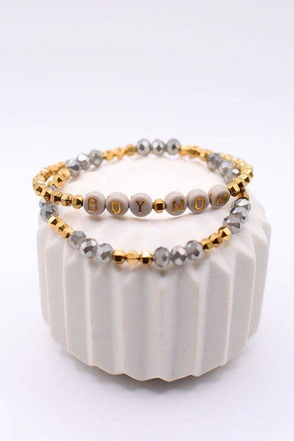 Boy Mom Gold & Gray Beaded Stretch Stack