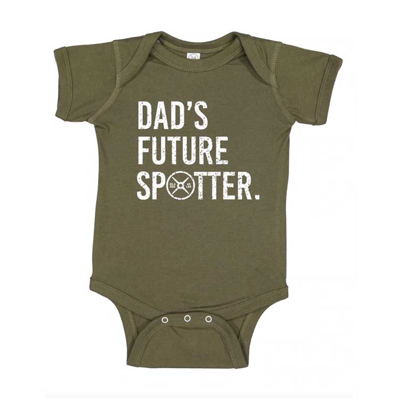 Green baby onesie with 'Dad's Future Spotter' text on a white background